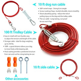 Heavy Duty Aerial Dog Tie Out Trolley System for Small to Large Dogs - Dog Run Cable 100ft /75ft Zipline with 10ft Runner Cable Great for Yard Camping Outdoor (Red, 100 ft for one Dogs up to 250 lbs)