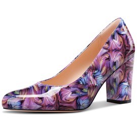 Castamere Womens High Chunky Block Heel Round Toe Pumps Slip-on Prom Dress Patent Leather 3.2 Inches Heels Purple Vortex 8.5 M US