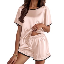 Ekouaer Satin Pajama Set for Women 2 Piece Silk Pjs Soft Short Sleeve Sleepwear Top with Ruffle Shorts,Champagne,M