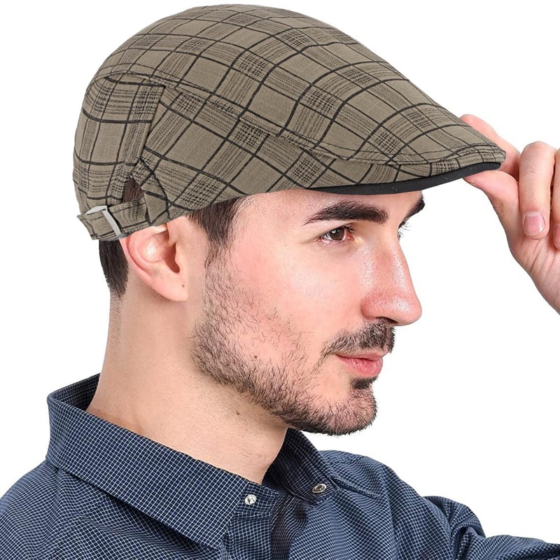 Rayson Flat Cap Men's Beret Cap Checked Adjustable Beret Hat
