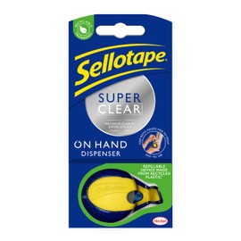 Sellotape On-Hand Dispenser with Super Clear Tape, Both hands free for crafting and wrapping, Includes Refillable Dispenser & Extra Sticky Clear Tape (18mm x 15m)
