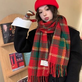 New Arrival Christmas Winter Chunky Plaid Couple's Scarf One Size / Lush Feel [Christmas Plaid Green Red Plaid] 2ea