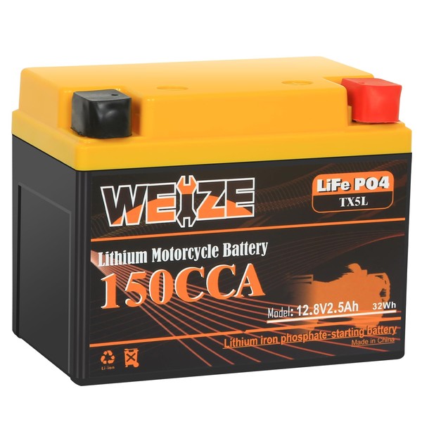Weize Lithium YTX5L-BS Battery, Group 5, 150CCA Lithium LiFePO4 YTX4L-BS Motorcycle Battery, 12V 2.5Ah ATV, UTV, Jet Ski, 4 Wheeler, Quad, Riding Lawn Mower, Tractor, Scooter and Polaris Battery