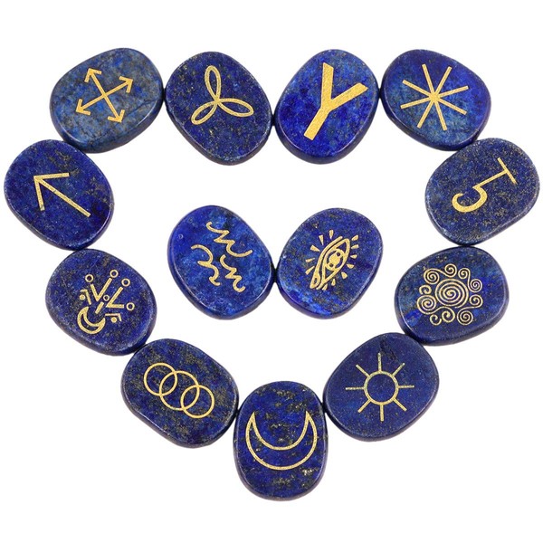 KYEYGWO Lapis Lazuli Witches Runes Set, Rune Stones with Engraved Gypsy Wiccan Pagan Symbol for Divination Meditation Healing