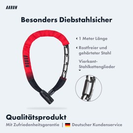 AARON Lock One Bicycle Lock with Key, Steel Chain Lock and High Security Level Lock for E-Bike, Mountain Bike, Trekking Bike, Touring Bike, Road Bike in Red