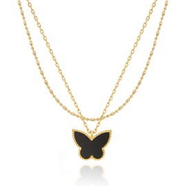 OZEL Layered Necklaces for Women 14K Gold Plated Dainty Gold Necklace Onyx Black Butterfly Pendant Jewelry Gift (Butterfly(N)_black)