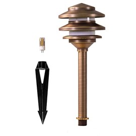 Lumen Logic 12V Cast Brass Pagoda Path Light (Bronze) with 3W 2700K Warm White G4 LED Bulb for Low Voltage Landscape Lighting on Outdoor Pathway, Walkway, Garden, Driveway or Patio