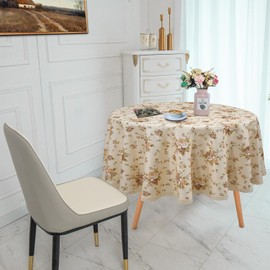 YEESSION Floral Print Round Tablecloth 70 Inch Stain Resistant and Waterproof Wine Table Cover for Kitchen Dining Indoor Outdoor Buffet Tabletop Decoration (Beige Background & Brown Flowers)