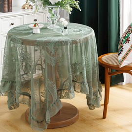 Green Lace Rectangular Tablecloth with Flowers, Elegant Chic Overlay Table Cloth with Ruffles, French Vintage Floral Embroidered Table Cover for Wedding Party Banquet, 55x120inch