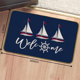 Mingnei Nautical Door Mat,Boat Rug,Boat Mats for Floor,Welcome Boat Sailboat Doormat Door Mat for Home Boats,Nautical Boat Outdoor Floor Mats for Front Indoor Entryway Rug 30 x 17 Welcome Mat
