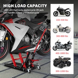 GarveeTech Hydraulic Motorcycle Lift Jack 1500Lb Capacity ATV Scissor Jack with 4.7-14.57in Height Adjustment, Non-Slip Platform & 360° Swivel Casters, Garage Lift for Dirkbikes, Utvs, Red