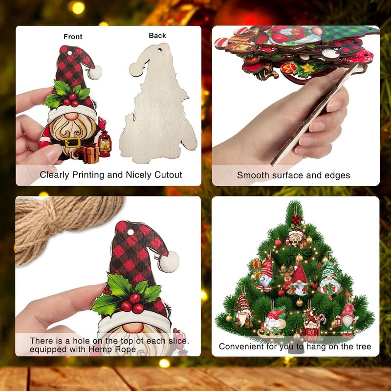 Fvviia 24pcs Christmas Gnome Wooden Hanging Ornaments,Gnome Wood Ornaments for
