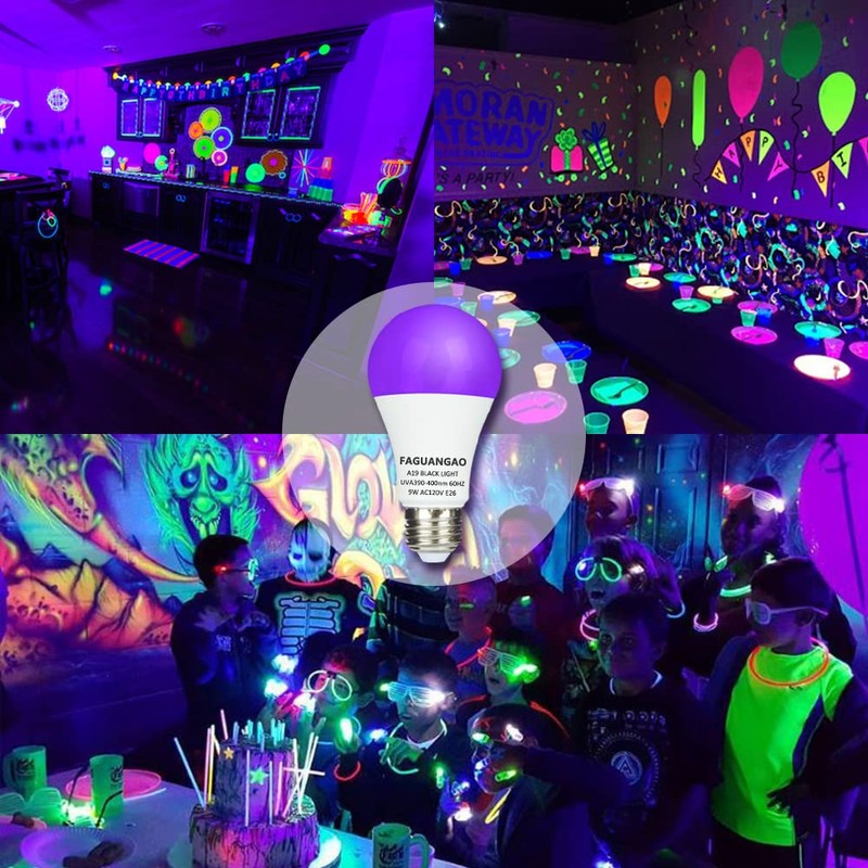 FAGUANGAO LED Black Light Bulb,9W(75Watt Equivalent) A19 UV Blacklight Bulb,120V,UVA