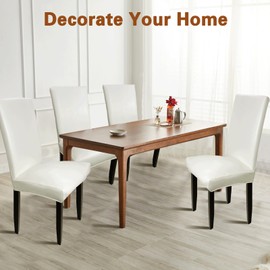 WUSOUPU Leather Dining Chair Covers Set of 4, Waterproof Chairs Covers for Kitchen Room Dining Room Hotel, Made of 4-Way Elastic PU Leather, Wipeable for Quick Cleaning (4 Pcs, White)