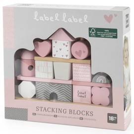 Label Label: Stacking Blocks House - Pink - Natural Wooden & Colored Blocks, Creative Building, Range of Shapes & Sizes, Storage Rack, Toddlers 18Mo+