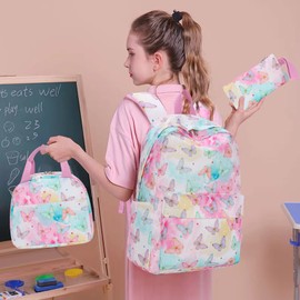 LEDAOU Backpack for Teen Girls School Bags Kids Bookbags Set School Backpack with Lunch Box and Pencil Case (Butterfly)