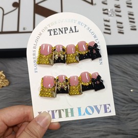 TENPAL 10Pcs Ballerina Coffin Duckbill Press On Nails With Tools Kits,Icy Black Gold French Tip Glue on Nails with Full Crystals Designs, Acrylic Glossy Bow Glitter Bridal Fake Nails for Party(L)