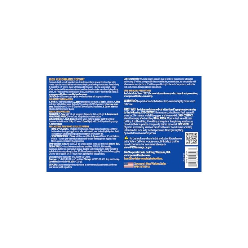 General Finishes High Performance Water Based Topcoat, 1 Quart, Dead