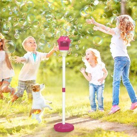 Automatic Bubble Machine for Kids, Adjustable Height Stand Bubble Maker Toys with Lights, Outdoor Rechargeable Music Blower for Wedding Birthday Party:_Red Bubble