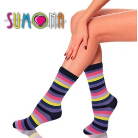 Differenttouch 6 Pairs Women Colorful Fancy Design Soft & Stretchy Novelty Crew Socks (Bright Stripes)