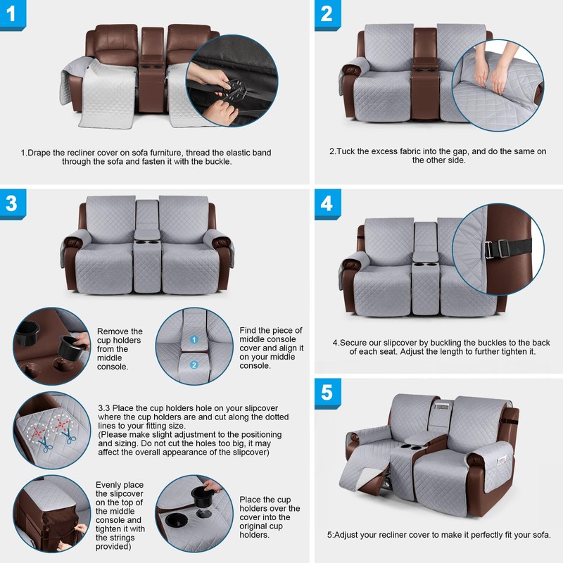 KinCam 100% Waterproof Recliner Loveseat Cover with Console, Non-Slip Reclining