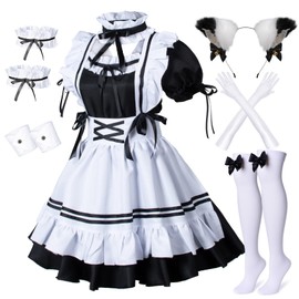 Wannsee Anime French Maid Apron Lolita Fancy Dress Cosplay Costume Furry Cat Ear Gloves Socks Set(M) Black-White