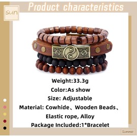 GAUEIOUR Cowhide Wood Bead Bracelet,Wooden Beaded Bracelet Bangle for Men Women,Bagua Cowhide Tribal Bracelet, Multi layered Beaded Wood Bead Bracelet(4PCS)