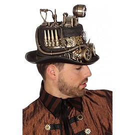 shoperama Black Steampunk Cylinder with Bronze Decorations and Goggles Size 59 Men's Hat Gears Cartridges, Variant: Pit Lamp