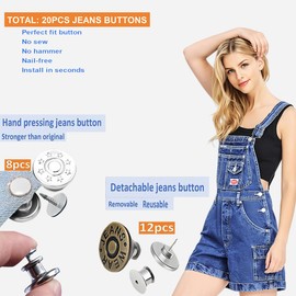 20 Pcs Jean Buttons, Buttons for Jeans to Make Smaller, Replacement Button for Jeans, Jean Buttons No Sew Instant, Jean Button Replacement (8 Hand-Pinch Buttons, 12 Removable Jeans Buttons)