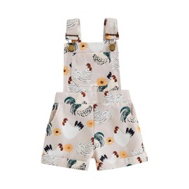 ZINTAOZT Kids Boys Girls Overalls Farm Cow/Chicken Print Button Adjustable Straps Short Jumpsuit with Pocket Summer Clothes (Roosters Beige, 12-18 Months)