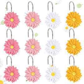 CTOHN 12-Piece Spring Shower Curtain Hooks, Daisy Flowers Stainless Steel Decorative Shower Hangers Rings for Bathroom Decor