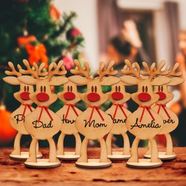 Set of 5, Reindeer Christmas Decorations Indoor, Wooden Freestanding Deer Ornaments with Name for Family, Place Cards For Table Setting, Xmas Dinner Table Decor (Set of 5)