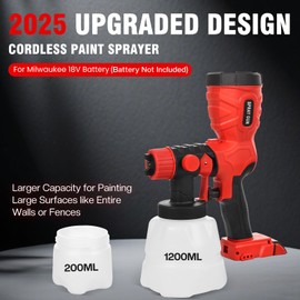 2025 Upgraded Paint Sprayer for Milwaukee 18V Battery, HVLP Electric Cordless Painting Spray Gun w/1200ML+200ML Reservoir, 4 Nozzles and Brush, for Fence, Cabinets, Door, Chair, Wall, DIY (No Battery)
