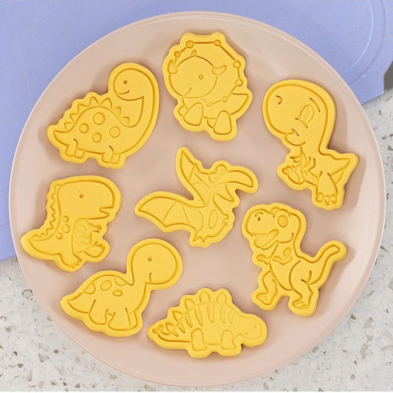 Pofflujent Dinosaur Cookie Cutters With Plunger Stampers Set 8 Piece