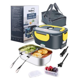 Buddew Electric Lunch Box 80W Food Heater for Adults, 12/24/110V Portable Lunch Warmer Upgraded Heated Lunch Box for Car/Truck/Office with SS Fork&Spoon and Insulated Carry Bag(Yellow)