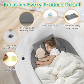 Abdtech Inflatable Toddler Travel Bed Kids Air Mattress with Safety Sides Portable Blow Up Mattress with Bumpers & Pump for Camping, Travel, Home-Grey 60 Inch