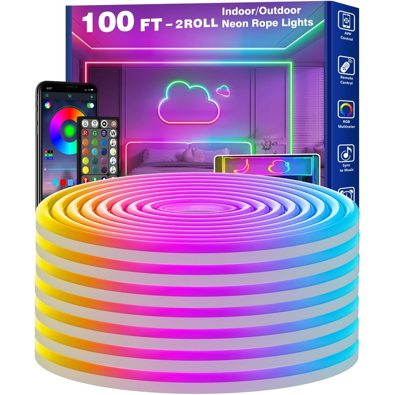 RCUICA 100FT LED Neon Rope Lights Waterproof with Smart App