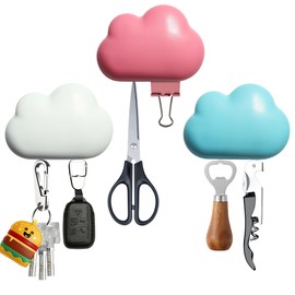 OUJUN 3 PCS Cloud Shape Magnetic Key Hangers for Securely Hanging Multiple Keys and Key Chains for Wall Key Holders, Key Chain Hooks with Adhesive and Door Hooks, Easy to Install (White, Pink, Blue)