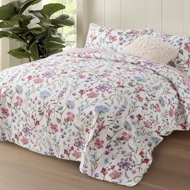 DAWNDIOR Pink Floral Quilt Set Queen Size - 90"x96" Reversible Bedspread, All-Season Lightweight Bedding with Recycled Cotton, Artistic Watercolor Decor & Housewarming Gift(Pink Floral,Queen