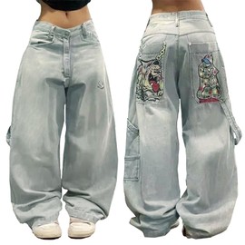 EMMIOL Women Wide Leg Jeans Hip Hop Mid-Low Waisted Denim Pants Baggy Jeans Trouser Jeans with Pockets