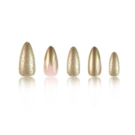 RUOKEXIN Almond Press on Nails Medium Fake Nails Gold Glitter False Nails with Designs Nail Press ons Gold Sparkly Glue on Nails Cute Stick on Nails for Women 24Pcs