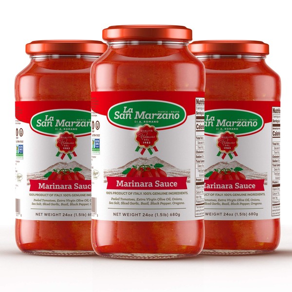 Marinara Pasta Sauce 100% Product of Italy 24 Ounce Jars - 100% Genuine Ingredients With San Marzano Tomatoes (Pack of 3)