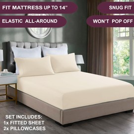 NIM TEXTILE Luxury Sheets 1600 TC Softness Deep Pocket 3pc Fitted Sheets Set - 1 Fitted Sheet and 2 Pillowcases - Milano Collection Bedding - Cream, Queen