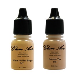 Airbrush Makeup Foundation Matte M7 Warm Golden Beige and M8 Summer Tan Water-based Makeup Long Lasting All Day Without Smearing Running, Fading or Caking 0.25 Oz Bottle By Glam Air