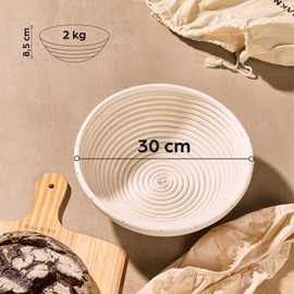Proofing Basket for Bread Baking - Made of Sustainable Rattan - Round - Set Including Brush, Linen Insert and Bread Bag - Odourless