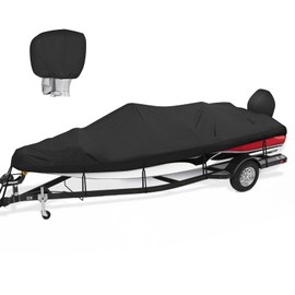 Boatpro Heavy Duty 600D Waterproof Boat Covers 17-19ft with Motor Cover Fits Bass Boat,V-Hull,Tri-Hull,Runabout Boat,Black