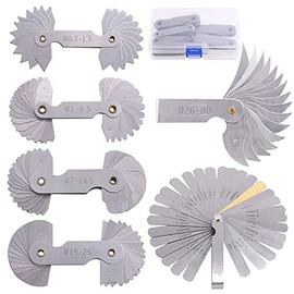 Tanstic 6Pcs Stainless Steel Feeler Gauge and Radius Gauge Set, 5Pcs R0.3-1.5/ R1-6.5/ R7-14.5/ R15-25/ R25-50 Radius Fillet Gauge with 32 Blades 0.04-0.88 mm Metric and Imperial Gap Measuring Tool