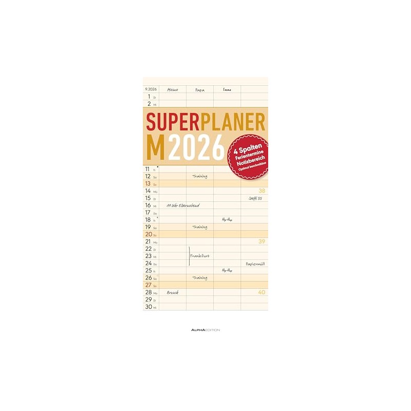 Superplaner M 2026 4 Spalten - Familien-Timer 22x45 cm -