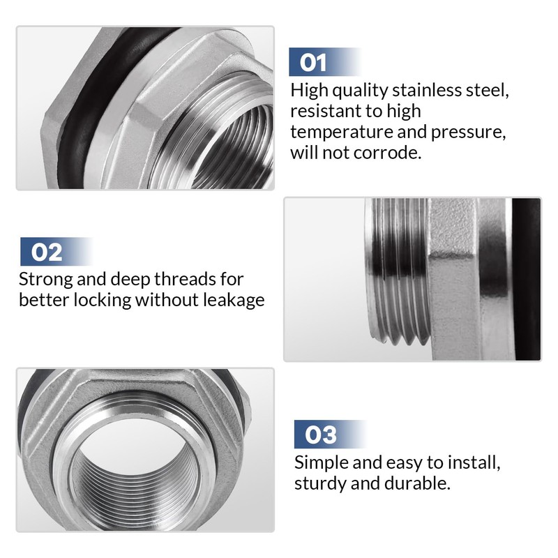 Carvedexquisitely Bulkhead Water Tank Fitting,1" NPT Female Thread,304 Stainless Steel