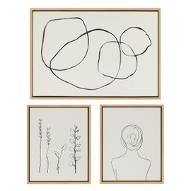Kate and Laurel Sylvie Going in Circles; Grow; and Minimalist Woman Framed Linen Textured Canvas Wall Art Set by Teju Reval of SnazzyHues; Set of 3; Natural Finish; Beautiful Abstract Art for Wall